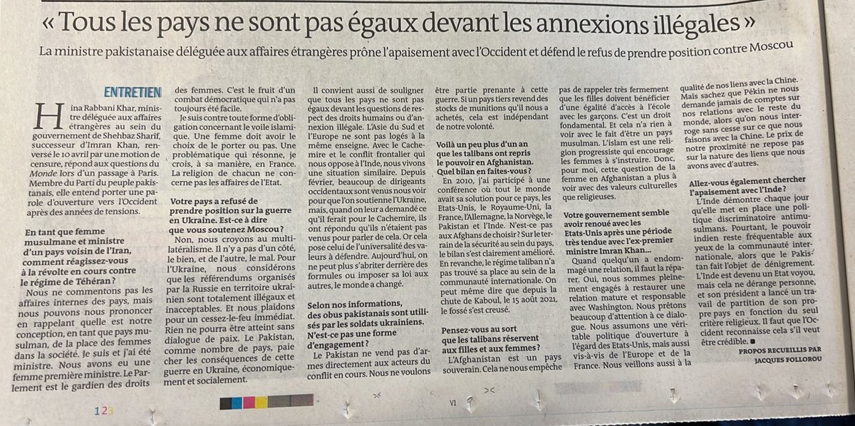 Leading French daily newspaper Le Monde published today an interview of Minister of State for Foreign Affairs Ms. @HinaRKhar. lemonde.fr/international/…