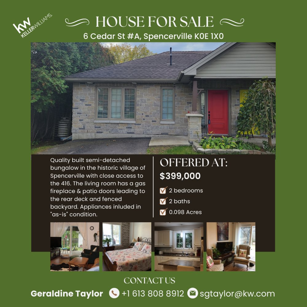 👍 Ideal retirement home.

Features
✔️2 bedrooms
✔️2 bathrooms
✔️Dishwasher, Dryer, Refrigerator, Stove Include
✔️Open concept kitchen, living room, and dining room
✔️In-floor radiant heating "On-demand" hot water system

Contact us
Geraldine Taylor
sgtaylor@kw.com
(613) 808-8912