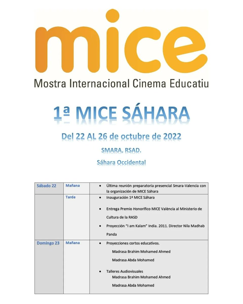 micefestival's tweet photo. 😄Os presentamos la programación de la 1a MICE SÁHARA. 
❤️Esta hecha con mucho cariño, compromiso y amor con los niños/as, jóvenes y pueblo saharaui.
👁️Seguro que la siguiente edición será mejor,ya que beberá de la experiencia de la primera
🐪 El desierto espera a MICE València https://t.co/ApUOI5M23N