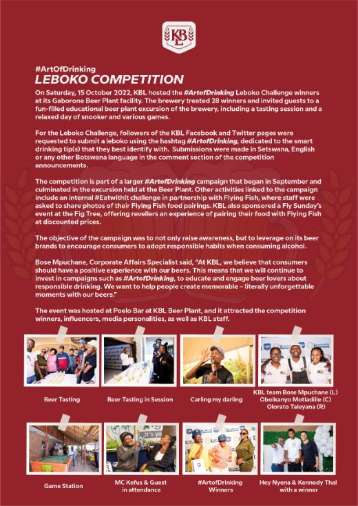 The_KBL's tweet photo. What a weekend!
 
This Saturday, we closed off the #ArtofDrinking campaign with a tour of the Gaborone Beer Plant, joined by our #ArtofDrinking Leboko Challenge competition winners and honoured guests. 
Read on to find out more about what we got up to. https://t.co/B2JJDDpjf2