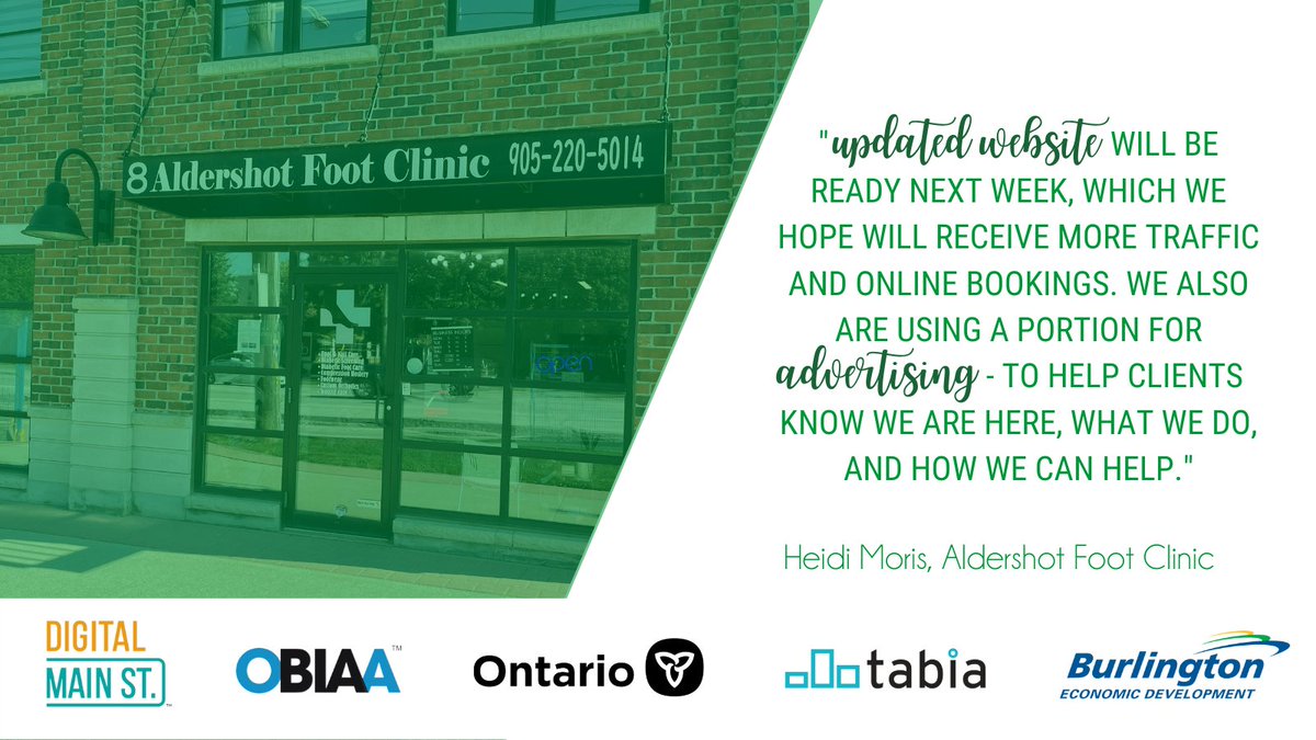 AldVillageBIA's tweet photo. Small Business Week!
The Aldershot Foot Clinic received a $2,500 Digital Transformation Grant, expanding opportunities to update their website to increase traffic and online bookings.
Learn: https://t.co/DT88uCibKl
#DigitalMainSt
@OBIAA_
@digital_mainst
@BurlingtonEcDev https://t.co/okkHxyzyjR