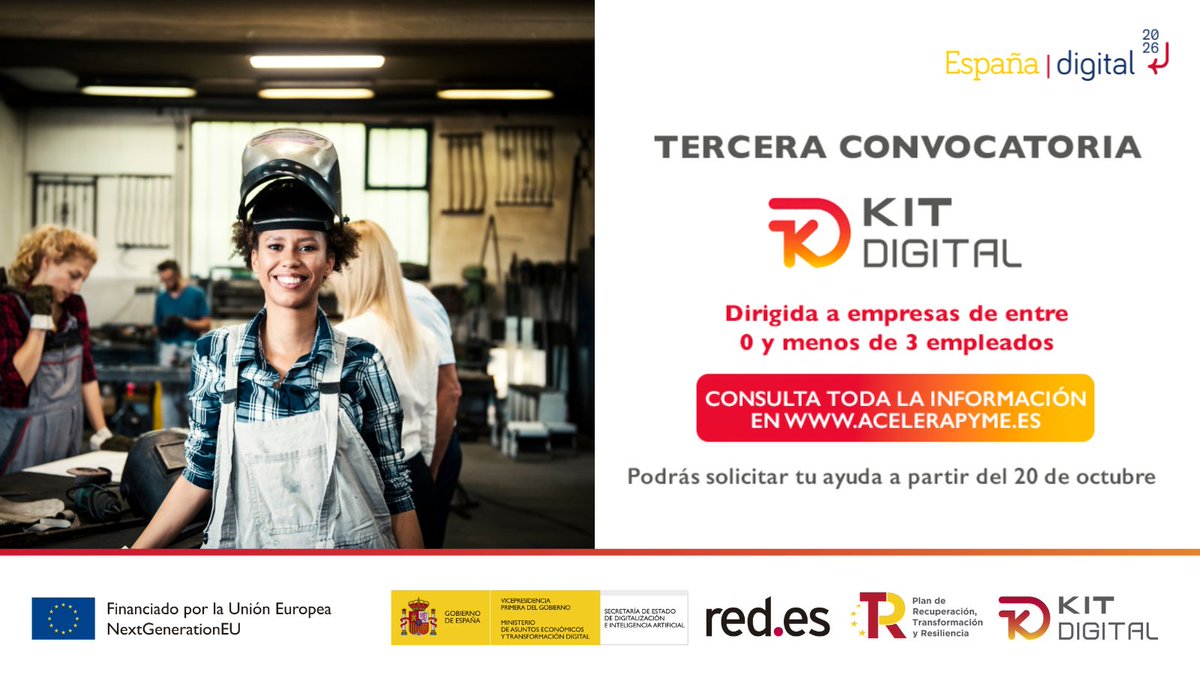 📢¡Llega la III convocatoria del #KitDigital! 

🔴Dirigida a pymes o micropymes de entre 0 y - de 3 empleados y personas en situación de autoempleo.

📝Apertura de solicitud a partir del 20/10/22 en la sede electrónica de <a href="/redpuntoes/">Red.es</a>

ℹ️ bit.ly/3ToxiIc

<a href="/P_Recuperacion/">Plan de Recuperación</a>