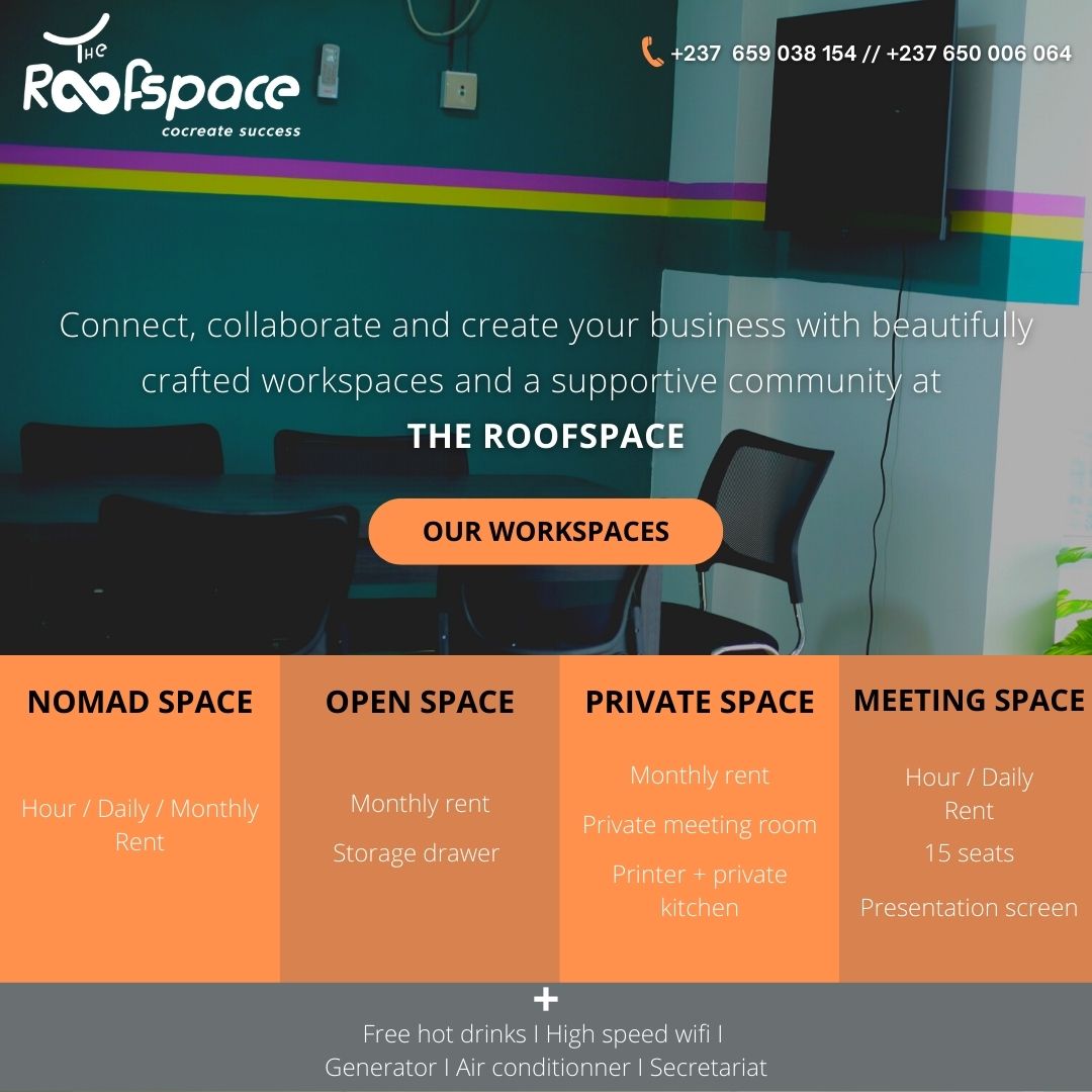 Visitez nos espaces de travail sur notre site internet theroofspacecoworking.com on en consultant notre catalogue sur Whatsapp au 659 038 154

#theroofspace #coworking #coworkingspace #coworkers #coworkingcommunity #yaounde