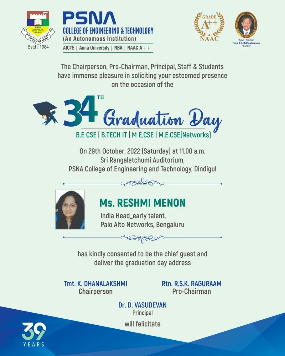 csepsnacet's tweet image. 34th Graduation day for 2021 Batch - B.E CSE, BTech IT, M.E CSE M.E CSE(NETWORKS) 
29th October 2022-11:00am.
SRL Auditorium @PaloAltoNtwks
@psnacetofficial
@raguraamrsk #convocation #graduationday #bestcollegeintamilnadu #engineering #technology #Autonomous