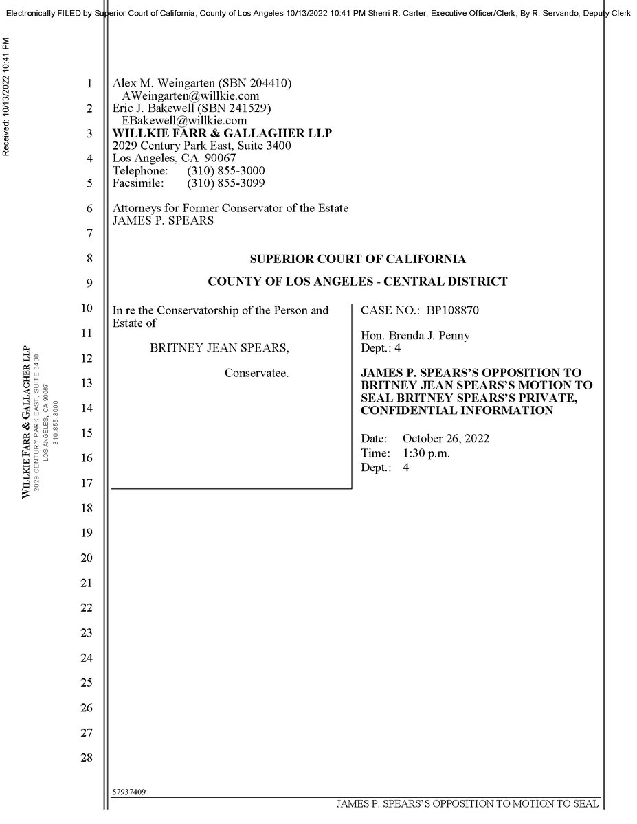 BritneyDocs's tweet photo. 👨‍👧 10.13.22 JAMES P. SPEARS’S OPPOSITION TO BRITNEY JEAN SPEARS’S MOTION TO SEAL BRITNEY SPEARS’S PRIVATE, CONFIDENTIAL INFORMATION

21 pages - 1/6

#JusticeForBritney https://t.co/pSo7ZtmsH8