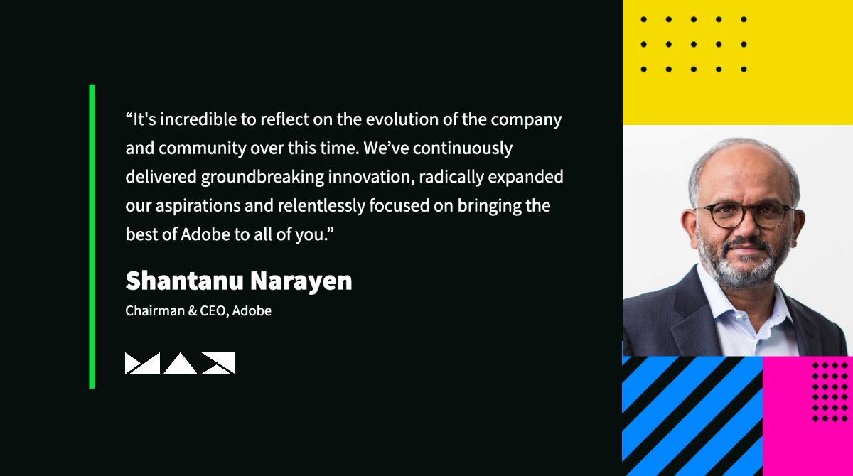 Adobe's tweet photo. It's been 40 wonderful years of creativity and innovation. Adobe exists because of our community of incredible creators. Thank you for being part of it. ❤️ #AdobeMAX https://t.co/q7KQZLHzQZ https://t.co/uLevtD4o2J
