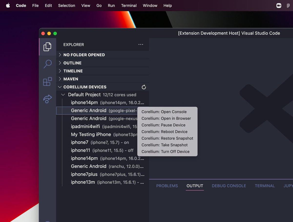 🎉 We made a #VScode extension for Corellium so you can manage your virtual devices from within @VisualStudio Code. You can take snapshots, start and stop devices and even stream your device's console to your local window. Check it out 👀 marketplace.visualstudio.com/items?itemName…