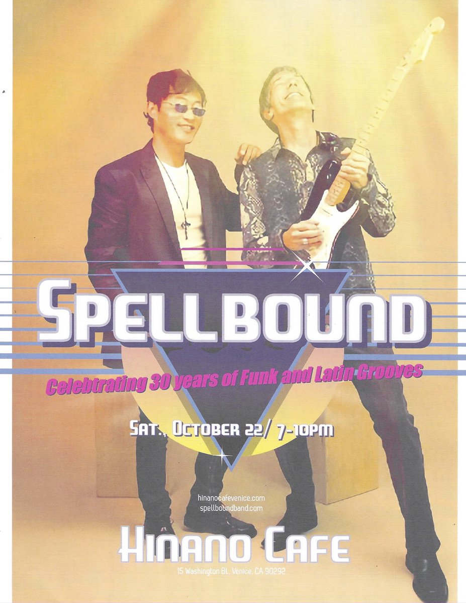 Come out to Spellbound's first show in a year! This Saturday Oct 22 at #HinanoCafe 15 Washington Blvd., Venice CA/6-9 pm/NO COVER! Featuring #CandiSosa and #DonLittleton
#funkmusic #losangelesmusic #latinfunk #spellbound #losangelesshows #VeniceBeachMusic #tropicalmusic