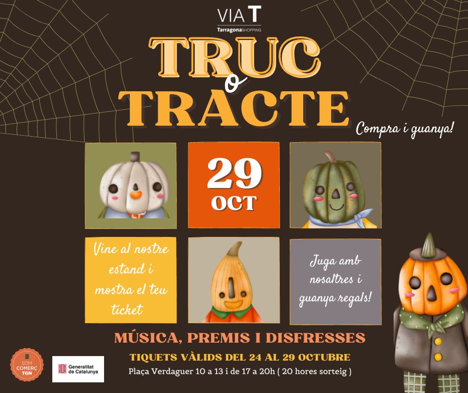 TGNturisme's tweet photo. 🎃 @laviattarragona proposa una campanya divertida per a tots els públics.
➡️ Del 24 al 29 d’octubre, amb les compres que feu en els seus establiments associats, podreu jugar al #TrucoTracte a la plaça Verdaguer.
ℹ️ Totes les activitats de Tots Sants: https://t.co/x2xV5SFvz4 https://t.co/Ie80tVXJws