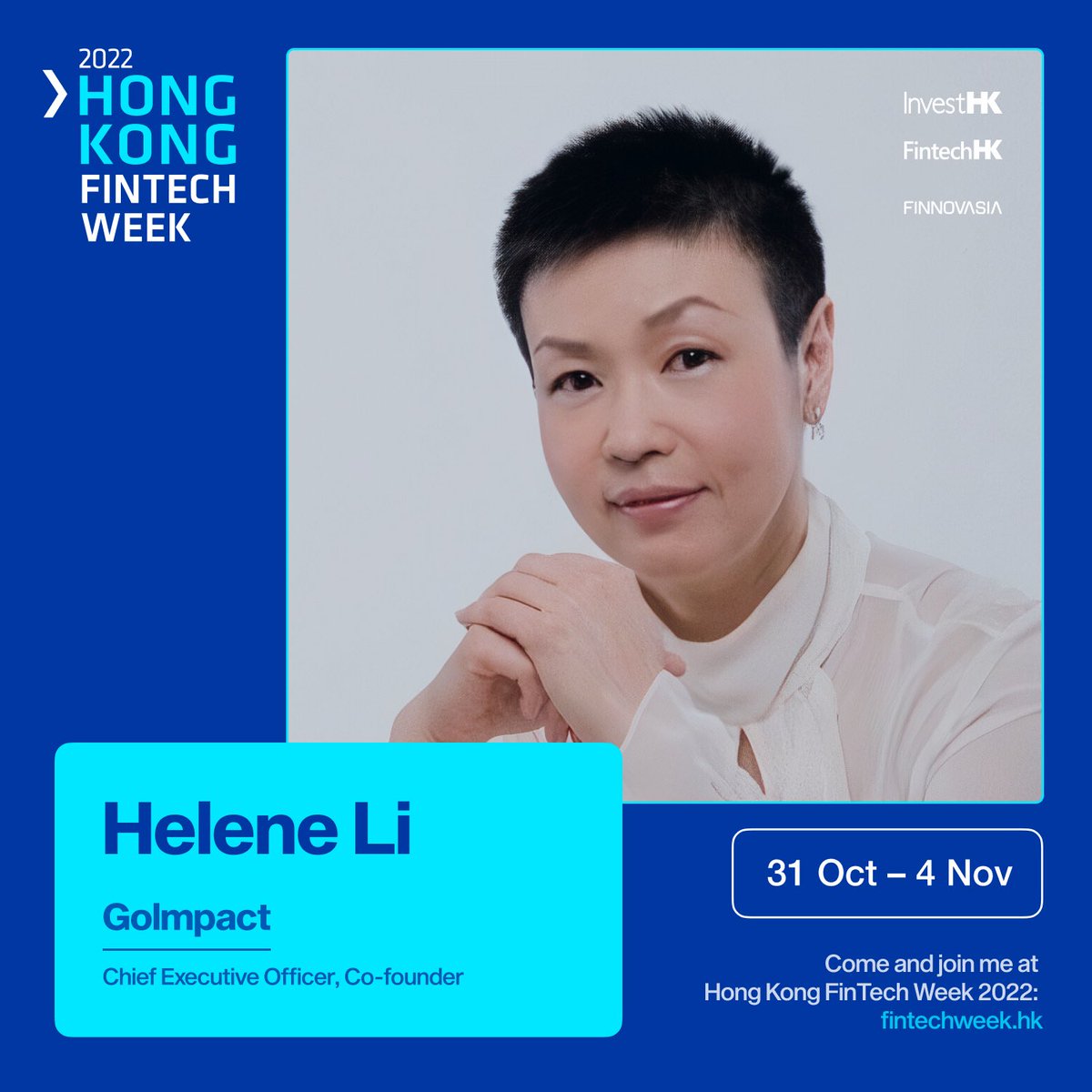 The count down begins ⏱🔥 Beyond thrilled to share the stage with some of the brightest at this #fintech Extravaganza #hkftw2022 Catch me in action Oct 31 : #esg & what’s changing the game at macro level #hkfintechweek fintechweek.hk/tickets?utm_so… @InvestHK @GoImpact_Today