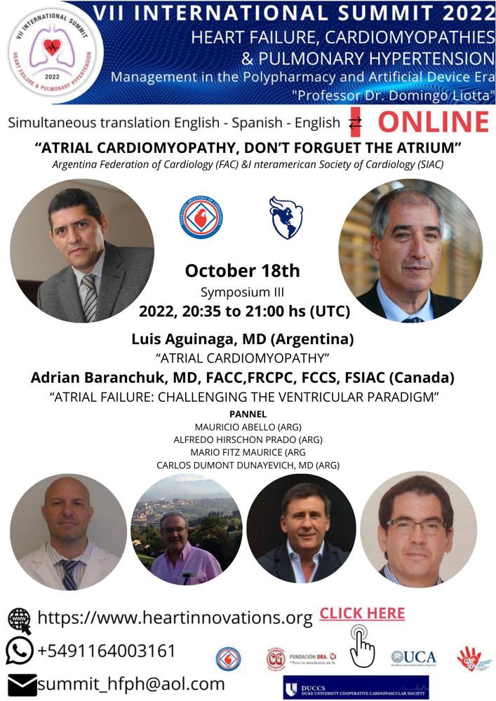HeartFailure22's tweet photo. Hoy continúa el VII International Summit 

Inscripciones:
https://t.co/RpqCNN1t0r 

Simposio “ATRIAL CARDIOMYOPATHY, DON’T FORGUET THE ATRIUM 
Junto a @SIAC_cardio @ComunidadFAC 

@adrianbaran @LuisAguinaga9 @mariofitzm https://t.co/l04bxjCevU