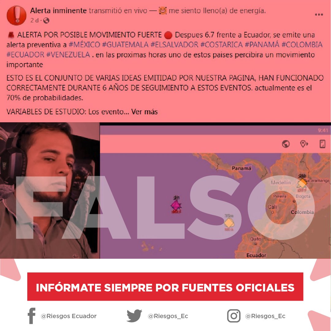 Riesgos_Ec's tweet photo. ⚠️ATENCIÓN | Ante la difusión de un video en el que se anuncia un posible terremoto en Ecuador, informamos a la ciudadanía que dicho contenido carece de veracidad y sustento científico.

❗️Recuerda que los sismos no se pueden predecir. 

📌 Infórmate por fuentes oficiales. https://t.co/mCJL9RGO64