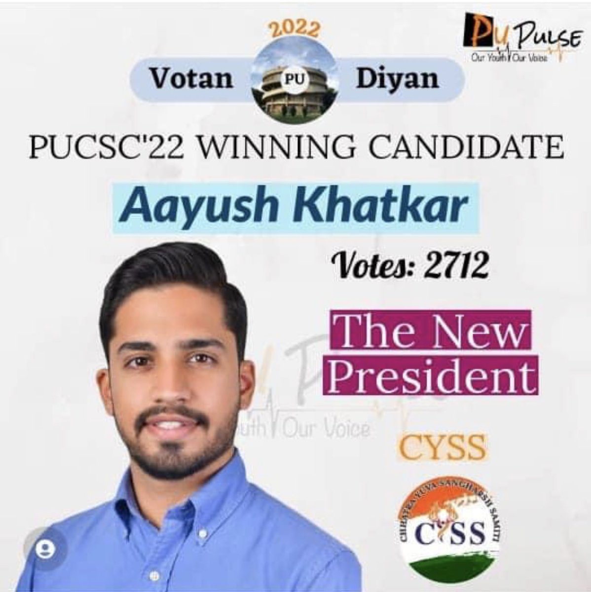 jkypamrit's tweet photo. Congratulations to @aayushkhatkar from CYSS WING ( @AamAadmiParty ) on winning Presidential election in Punjab University (PU) , Chandigarh 🥇 🎉
 
CYSS (AAP) - 2471 
ABVP (BJP) -  1763
NSUI (INC)-   1279
SOI    (SAD)-  1135

 #PunjabUniversity #chandigarh https://t.co/0Qgy2r6F4X