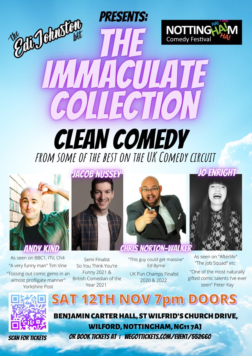 Fancy a night of laughter and giggles with all of the funny and less of the filth? Come to see this lovely bunch for some fun on Saturday 12th November at St Wilfrids in Wilford! 
1/2 the tickets are already gone - so get yours while you can!
nottinghamcomedyfestival.co.uk/the-edi-johnst…