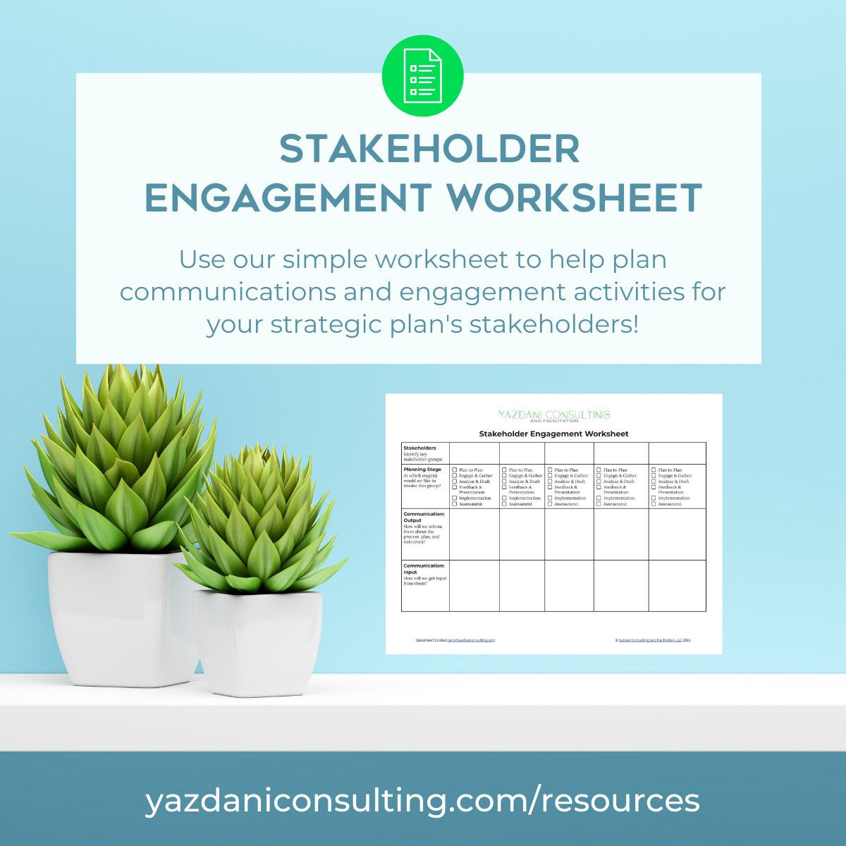 YazdaniCF's tweet image. Use our simple Stakeholder Engagement Worksheet to help consider and plan for communications and engagement activities with your key stakeholder groups: yazdaniconsulting.com/s/Stakeholder-…

#strategicplanning