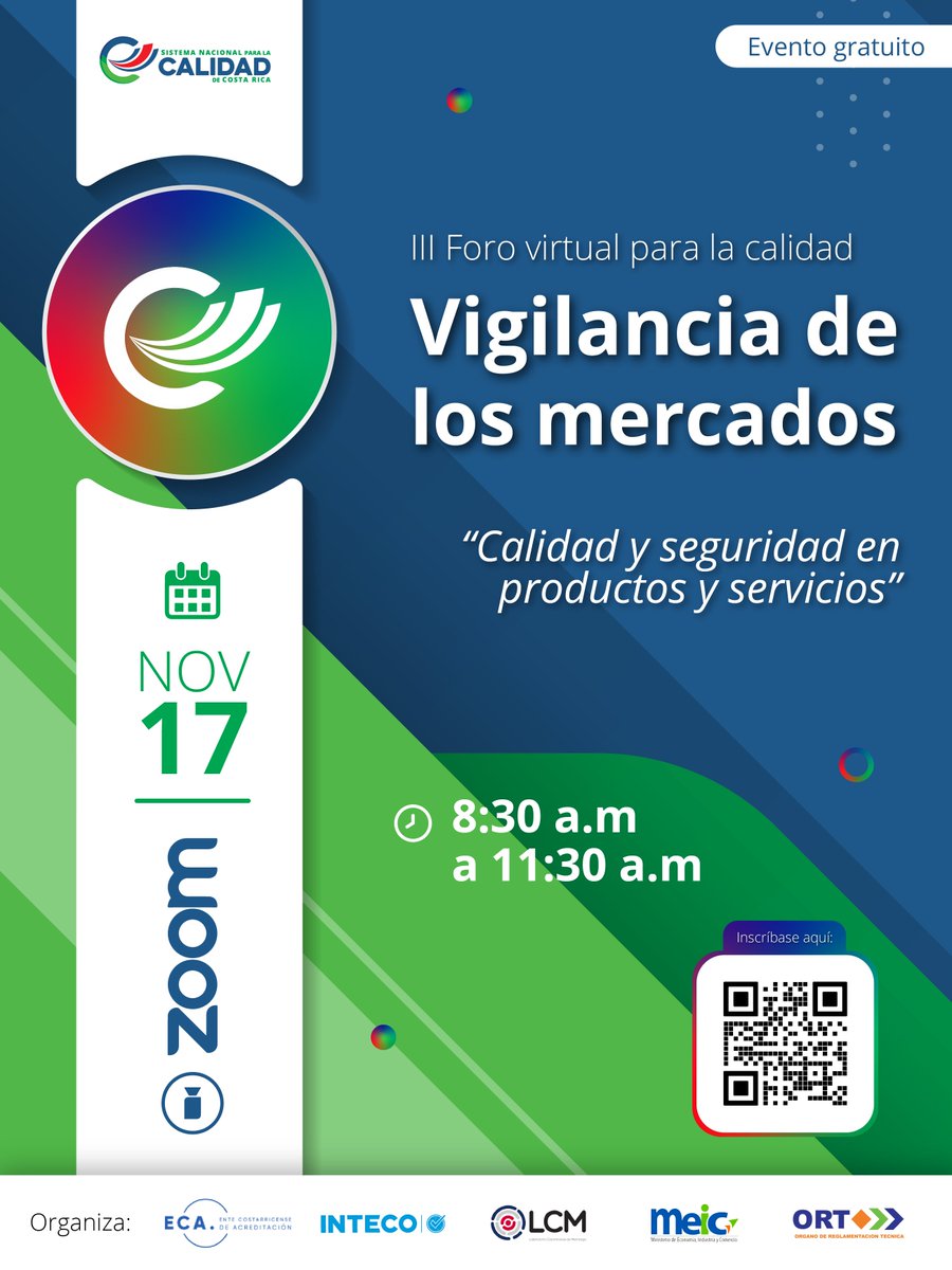El próximo 17 de noviembre los invitamos a participar del III Foro virtual para la calidad, este año enfocado en las perspectivas de la vigilancia de los mercados.
➡️Más info lcm.go.cr/foro_virtual_c…
