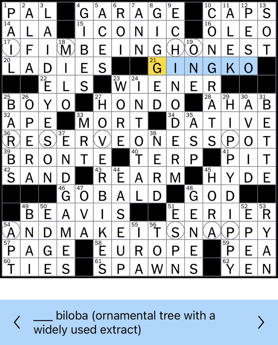 dlee's tweet photo. First error I’ve seen from the ⁦@nytimes⁩ crossword - while gingko is an ok alternate spelling of ginkgo, it’s not when in the full species name, as in the clue. https://t.co/WeBRMyFKhy