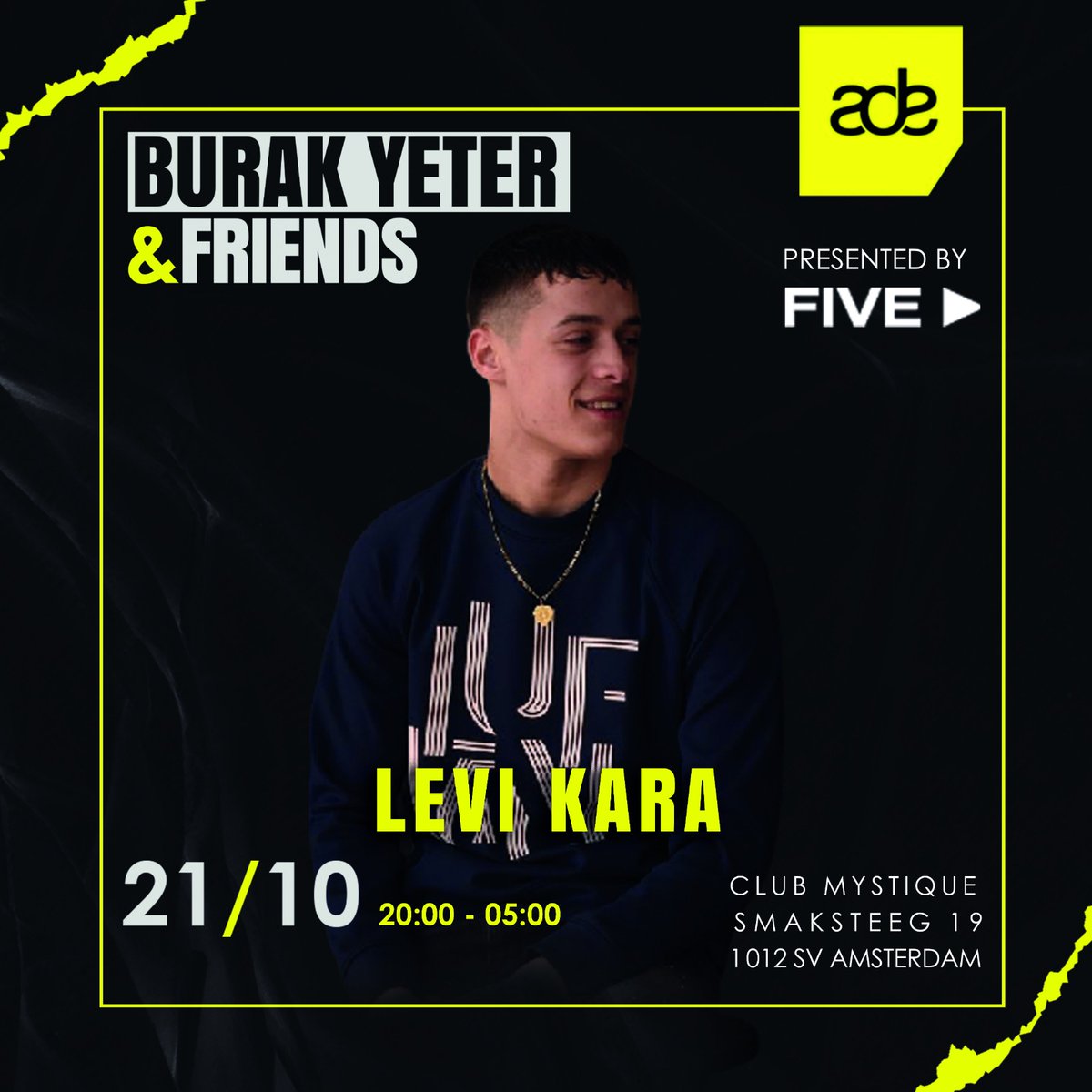 Presented by <a href="/FiveHotels/">FIVE Hotels & Resorts</a> "BURAK YETER &amp; FRIENDS"

21/10

Levi Kara will be on stage for <a href="/burakyeter/">Burak Yeter</a> &amp; friends at <a href="/clubmystiqueams/">Club Mystique AMS</a> @amsterdamdanceevent 

Ticket sales on :
burakyeterfriends.eventgoose.com

Price : 10€

For more info: info@connection-records.com