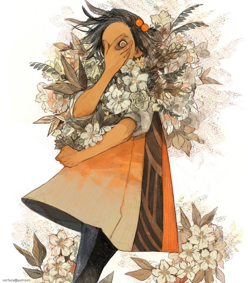 flower solo hair ornament covering face 1girl white flower leaf  illustration images