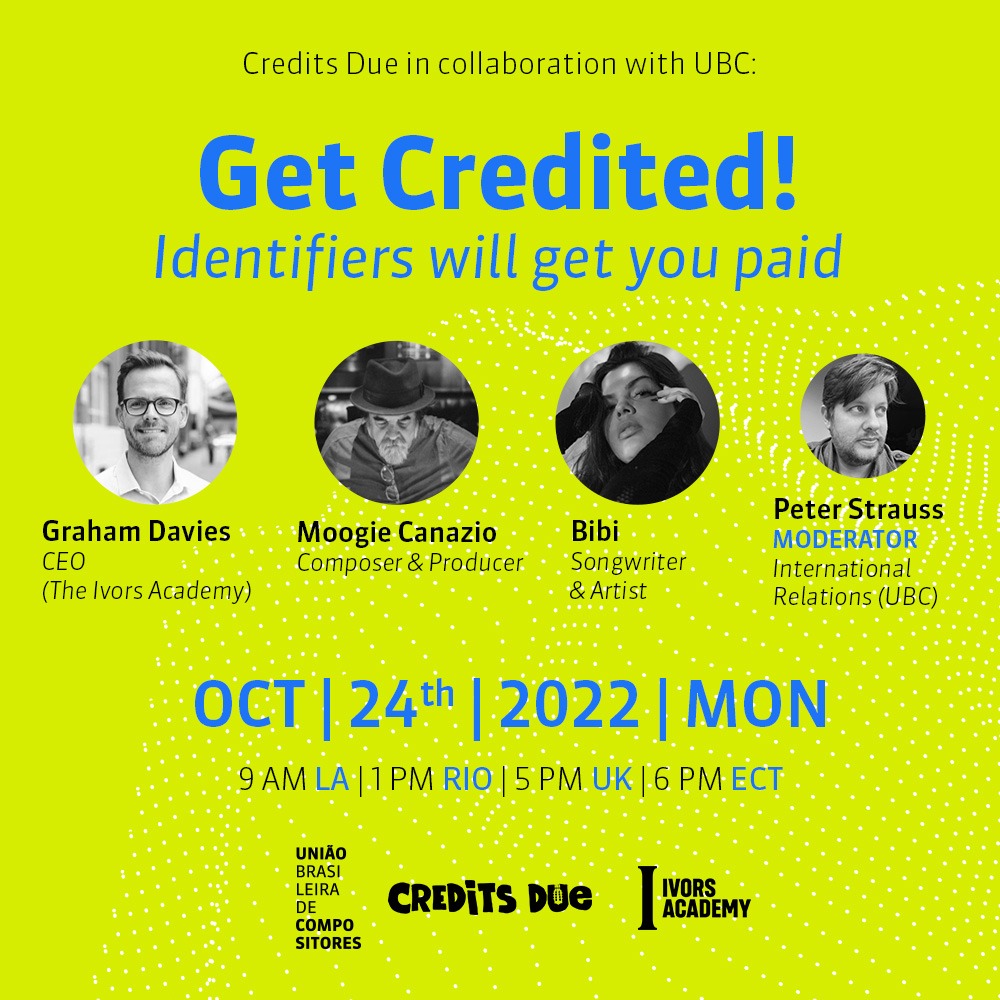 Credits Due is hosting an online panel in partnership with <a href="/ubcmusica/">UBC</a> on October 24th - put it in your diaries! Register free here: bit.ly/3s2bir5

#CreditsDue #Composers #Producers #Musicians #brazilianmusic