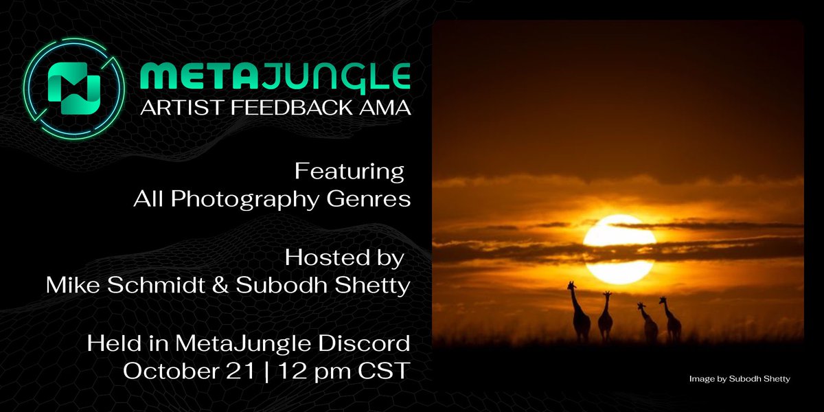 MetaJungleNFT's tweet photo. 🚨Submissions OPEN🚨

The Artist Feedback AMA will be ⏰Oct 21 at 12pm CST in the MJ Discord &amp; feature all photography genres!

📸🚀Receive Honest #NFT collection Feedback

🎙hosted by @MikeSchmidt_eth &amp; @SubodhShettyyy
 
�� submit your work for review https://t.co/gkG6veyt6x https://t.co/CDAMMXKpqm
