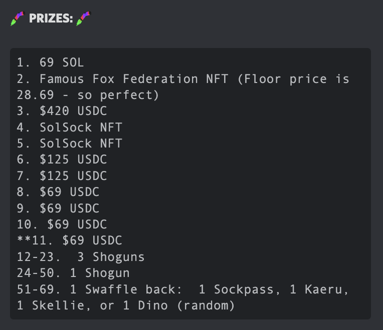 SolSocksDAO's tweet photo. Tomorrow is Swaffle Snapshot Day -
📸 Oct 19 at 5pm EST
Did you send in your qualifying NFTs for a chance to win one of these epic 69 prizes?
LFG, Sock Fam! 🧦
(more info on our discord).
https://t.co/yH6dSz40if
#NFTCommunity #NFTGiveaways #Swaffle #SolanaNFTs https://t.co/KDP7u9KPmX