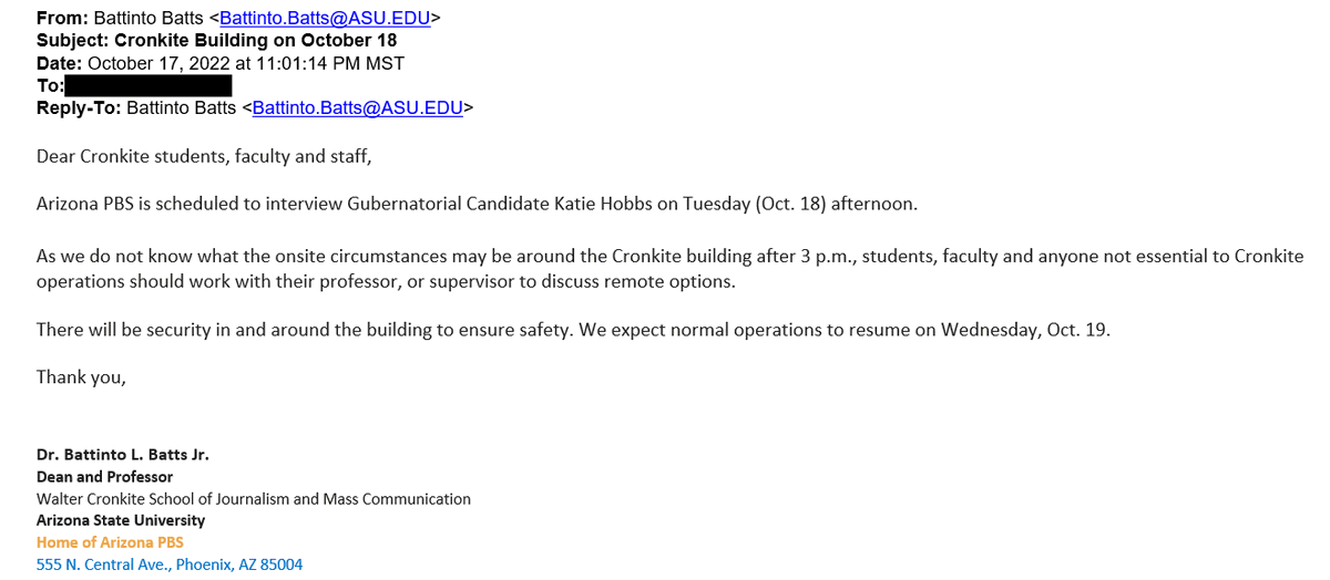 Dean of @Cronkite_ASU encouraging remote classes this afternoon citing uncertainty over 'onsite circumstances' for @katiehobbs interview on @arizonapbs. @KariLake probably gonna show up? #AZgov