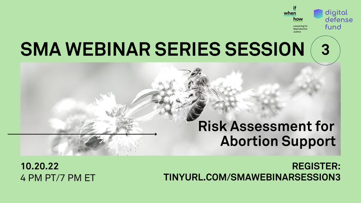Abortion doula? An organizer? Defense attorney? It doesn't matter. In RJ, we ALL need to know our rights! Join If/When/How & the Digital Defense Fund THIS Thursday at 4PM PT/7PM ET to learn the legal risks of abortion support and how to navigate them tinyurl.com/SMAWebinarSess…