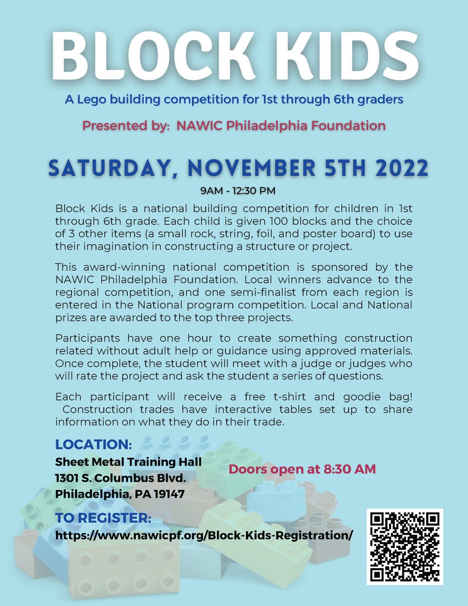 Does your 1st-6th grader have some sweet #architecture skills? 🤔😋 They can enter the Block Kids competition presented by @NAWICPHL on 11/5! Participants are given 1 hr & 100 Legos to create something cool--check the flyer for details and registration! nawicpf.org/Block-Kids-Reg…