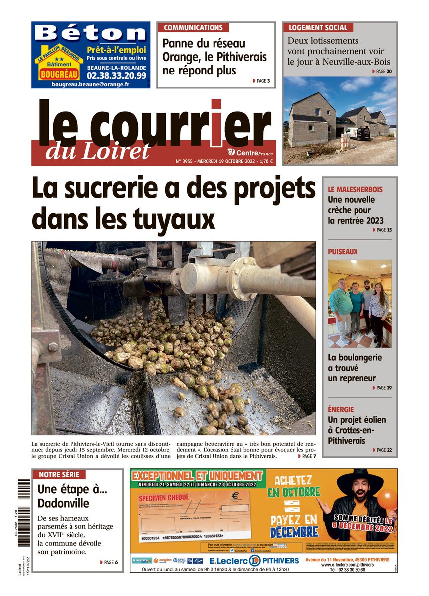 🔴À la Une cette semaine du <a href="/courrier_loiret/">Le Courrier du Loiret</a> :

La sucrerie de Pithiviers-le-Vieil tourne à plein régime, l'occasion de découvrir les coulisses et les projets du groupe Cristal Union.

Plus d'information dans l'édition de la semaine du Courrier du Loiret !🗞️