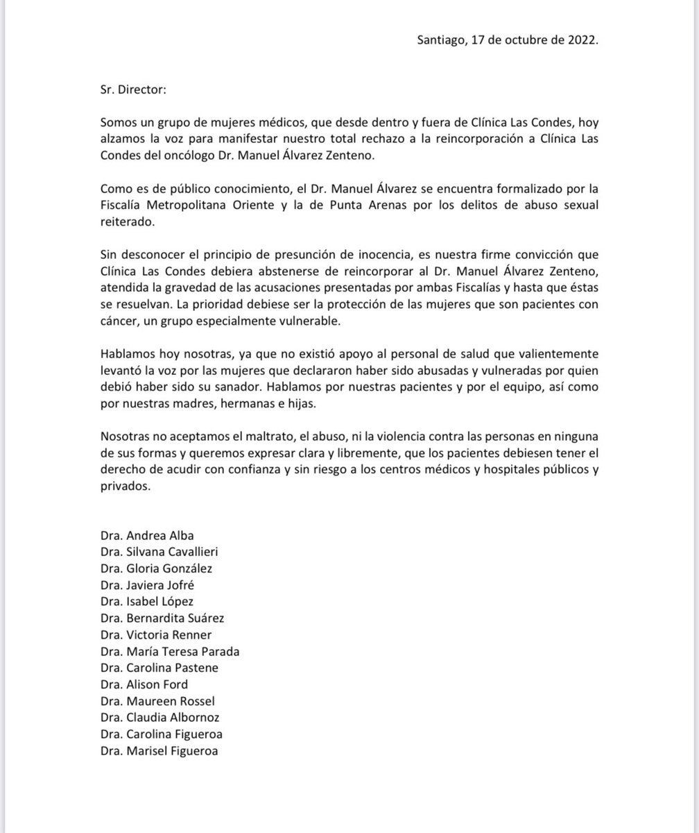caritocarola's tweet photo. Debido a la preocupante e indignante situación que sucede en Clínica Las Condes, se agradece la difusión de esta carta firmada por un grupo de médicos de CLC y tb ex-CLC. https://t.co/wLKpJal1ZX