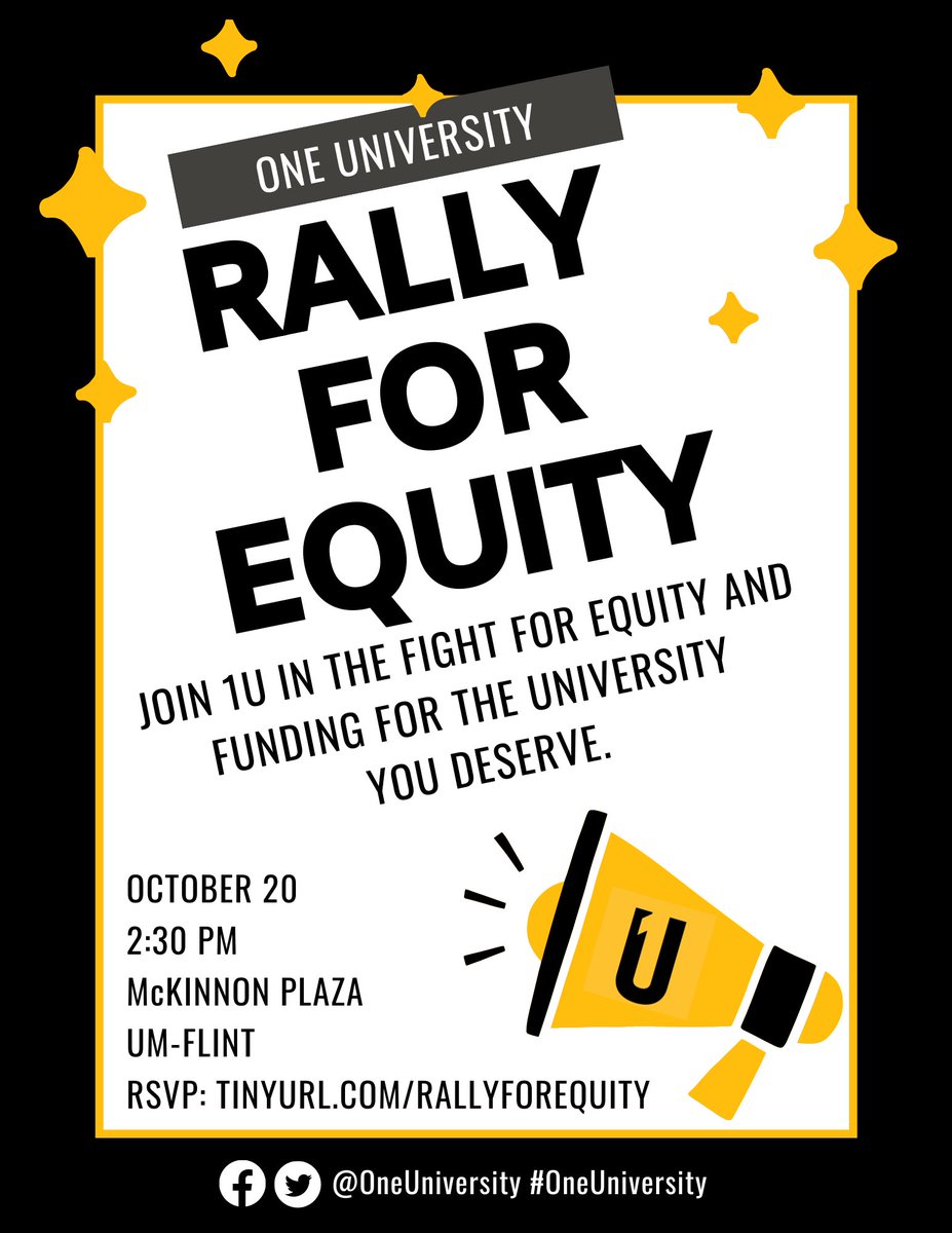 OneUniversityUM's tweet photo. THIS THURSDAY: Join the One University Campaign together with LEO faculty, tenure track faculty, and community partners/allies as we Rally for Equity on October 20th at 2:30pm at McKinnon Plaza before the Board of Regents Meeting. RSVP at https://t.co/d22iM1YHPf. #OneUniversity https://t.co/SXG4qTFEnM