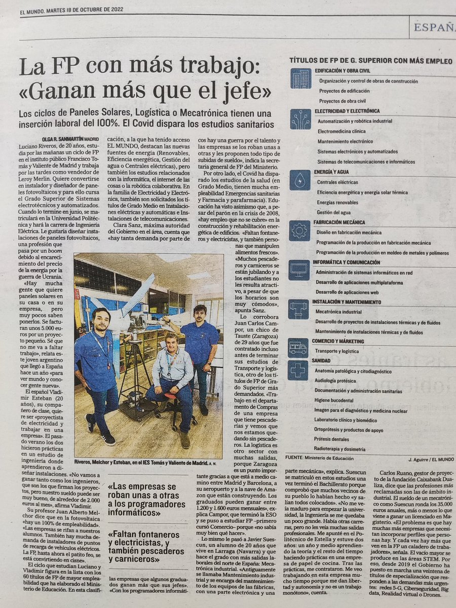iestomvalmadrid's tweet photo. Reportaje de @elmundoes en el que se muestra la necesidad de técnicos en el área energética con nuestro alumnado de #FP como protagonista 👏🏻👏🏻👏🏻 #ProyectoSolar #AuladeEnergia https://t.co/sf3TXEnKHL