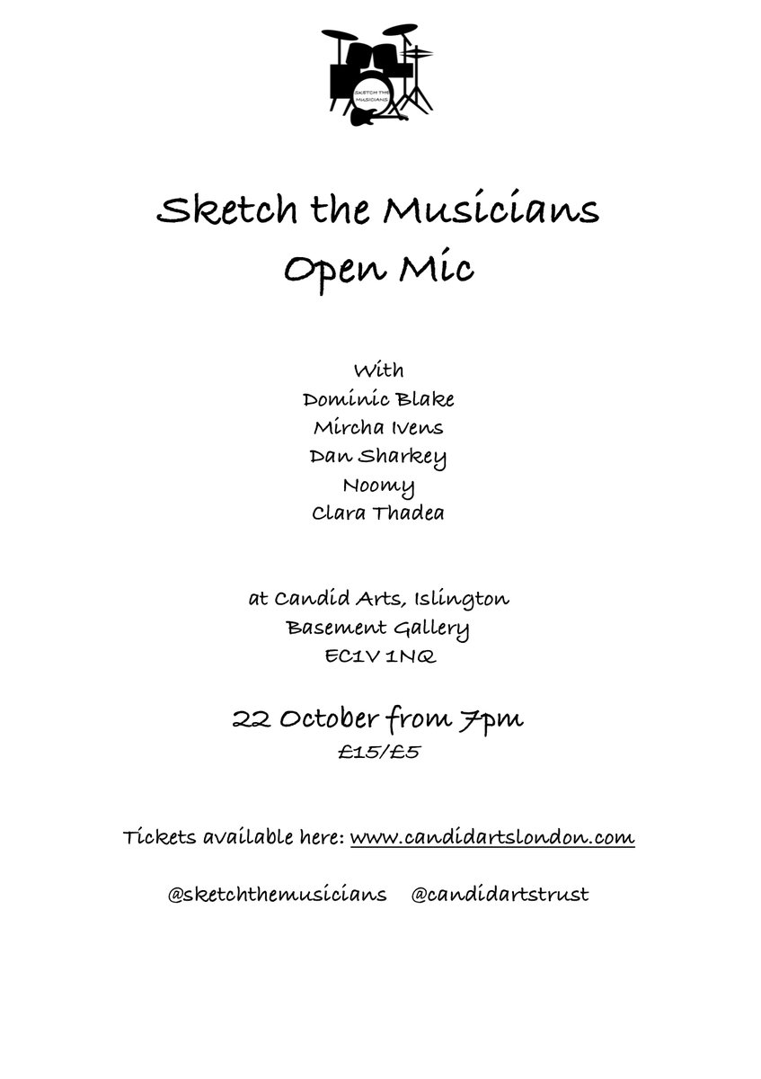 Practice drawing movement at 
SKETCH THE MUSICIANS - OPEN MIC on 22nd October! 

Drawing Session with live music
22nd October from 7pm candidartslondon.com/product/sketch…
&gt;&gt;Advance booking essential&lt;&lt;
Beginners welcome
#music #livemusic #sketching #drawing #musicians #islington
