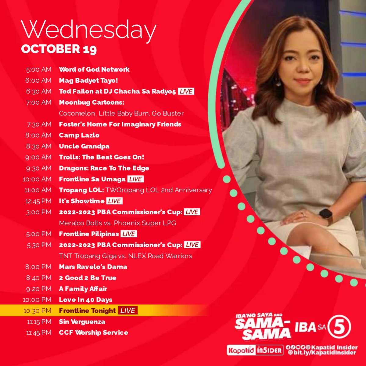 Tutok na sa Balitaang magbibigay ng malaliman pagsisiyat at mahahalagang Diskusyon sa #FrontlineTonightTV5! Catch it every Weeknights sa #TodoMaxPrimetimeSingko.

🕥: 10:30 PM

@maeannelosbanos 
#IBAngSayaPagSamaSama
#ÜareBERfect @TV5manila