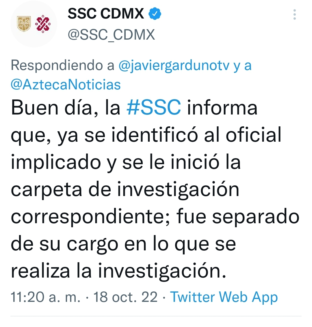 La <a href="/SSC_CDMX/">SSC CDMX</a> informa que este abusivo ya fue separado de su cargo y que se abrió una carpeta de investigación.  

¡Ojalá se haga #justicia! 😡