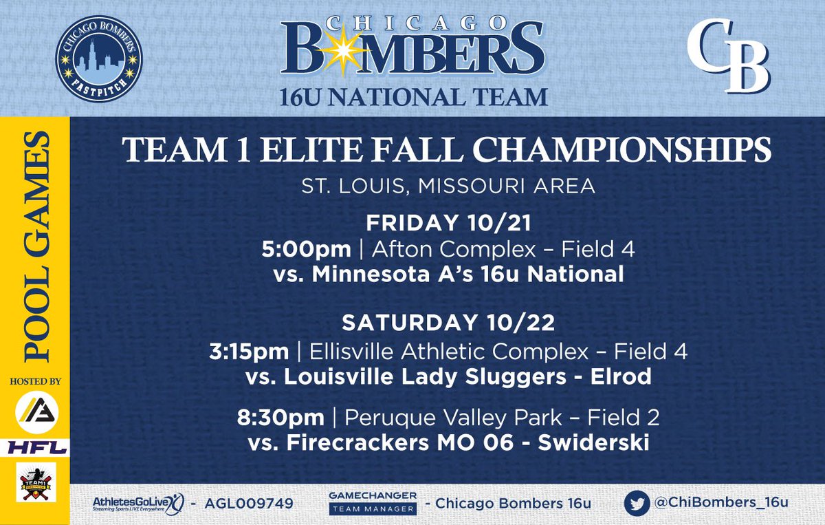 Schedule alert:
Hitting the road for another great event against some really tough teams! Can’t wait to get started!

Team 1 Elite Fall Championships
Oct 21-23 - St Louis Area

<a href="/HFLfastpitch/">Heart of America Fastpitch League | HFL</a> <a href="/thealliancefp/">The Alliance Fastpitch</a> <a href="/AGLSoftball/">AthletesGoLive Softball</a> <a href="/Team1_fastpitch/">Team 1 Fastpitch</a>