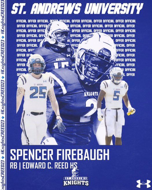 Spencer Firebaugh (@spencerfirebau1) on Twitter photo After a talk with <a href="/CoachChristensn/">Aaron Christensen</a> I have received a Scholarship to continue my academic and athletic career at St Andrews University. Go Knights! After a talk with <a href="/CoachChristensn/">Aaron Christensen</a> I have received a Scholarship to continue my academic and athletic career at St Andrews University. Go Knights!