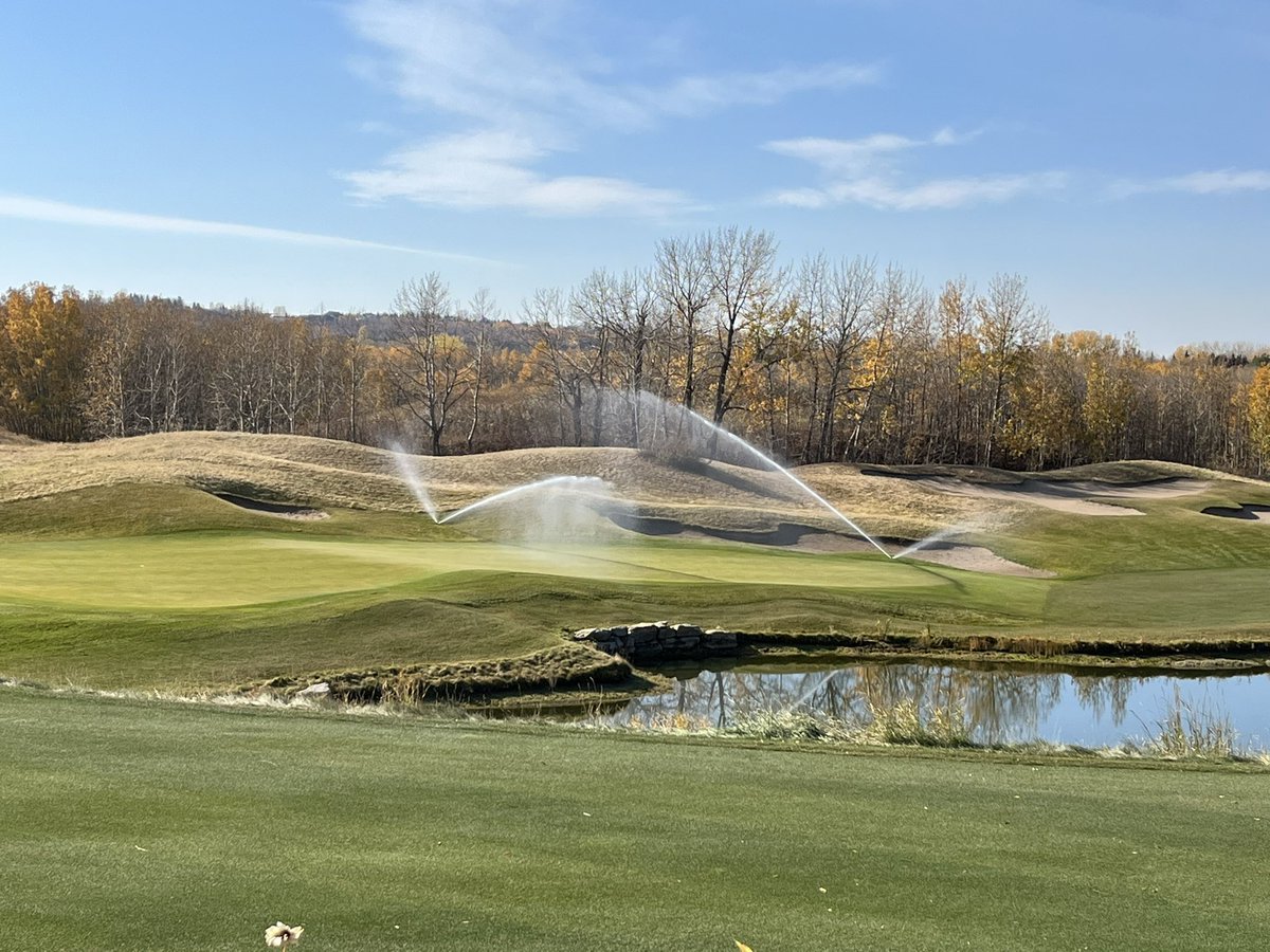 Building up the soil moisture here <a href="/CarnmoneyGolf/">Carnmoney Golf Club</a> before blowout.  #beautifulweather for winterizing a golf course.