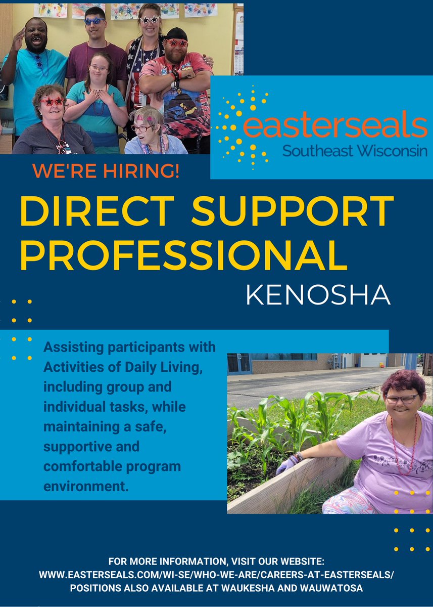 🧡WE'RE HIRING! Direct Support Professionals - at our Kenosha Adult Day location!
💙To apply for our Kenosha location: tinyurl.com/255hyhux