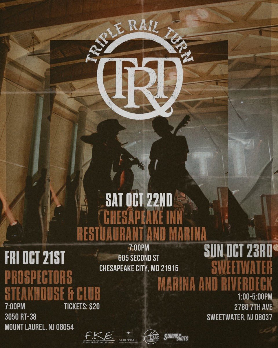 TripleRailTurn's tweet image. THIS WEEKEND!
•Friday night, we can’t wait to be back at @ClubProspectors! Tickets are $20, show starts at 7pm!
•Saturday, Oct 22nd, @Chesapeake_Inn at 7pm!
•Then join us Sunday for our debut performance at Sweetwater Marina! Come on out and show them how we do it TRT style!