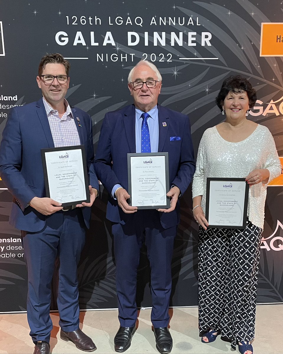 NancySommerfiel's tweet photo. 🤩 Very proud moment to receive my 10 years of service certificate at the @LGAQ 126th Gala Dinner before 700 guests. 
🤩 Along w/Cr Geoff also recognised for 10 years of service. 
🤩🤩🤩 However the big superstar was Mayor Paul for his 40 years of service. 
@TRCMayor https://t.co/D19P5IO88N