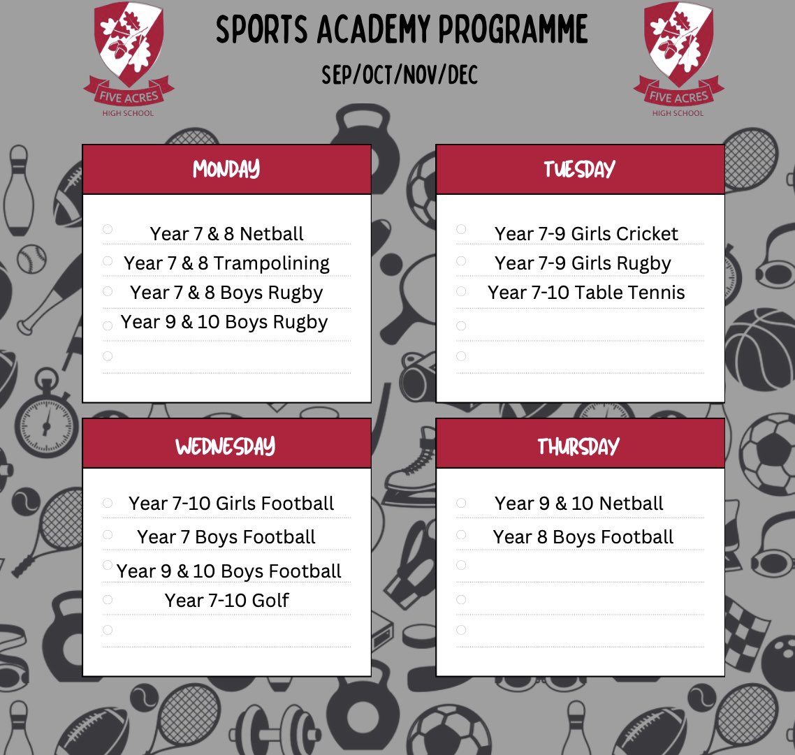 A very busy start to the Autumn term in Sports Academies here at Five Acres. We look forward to seeing everyone’s continued hard work after half term 💪🏽🤩

Please also see a small adjustment for Year 9 &amp; 10 Boys Rugby, moving from Thursdays to Mondays after half term 🏈