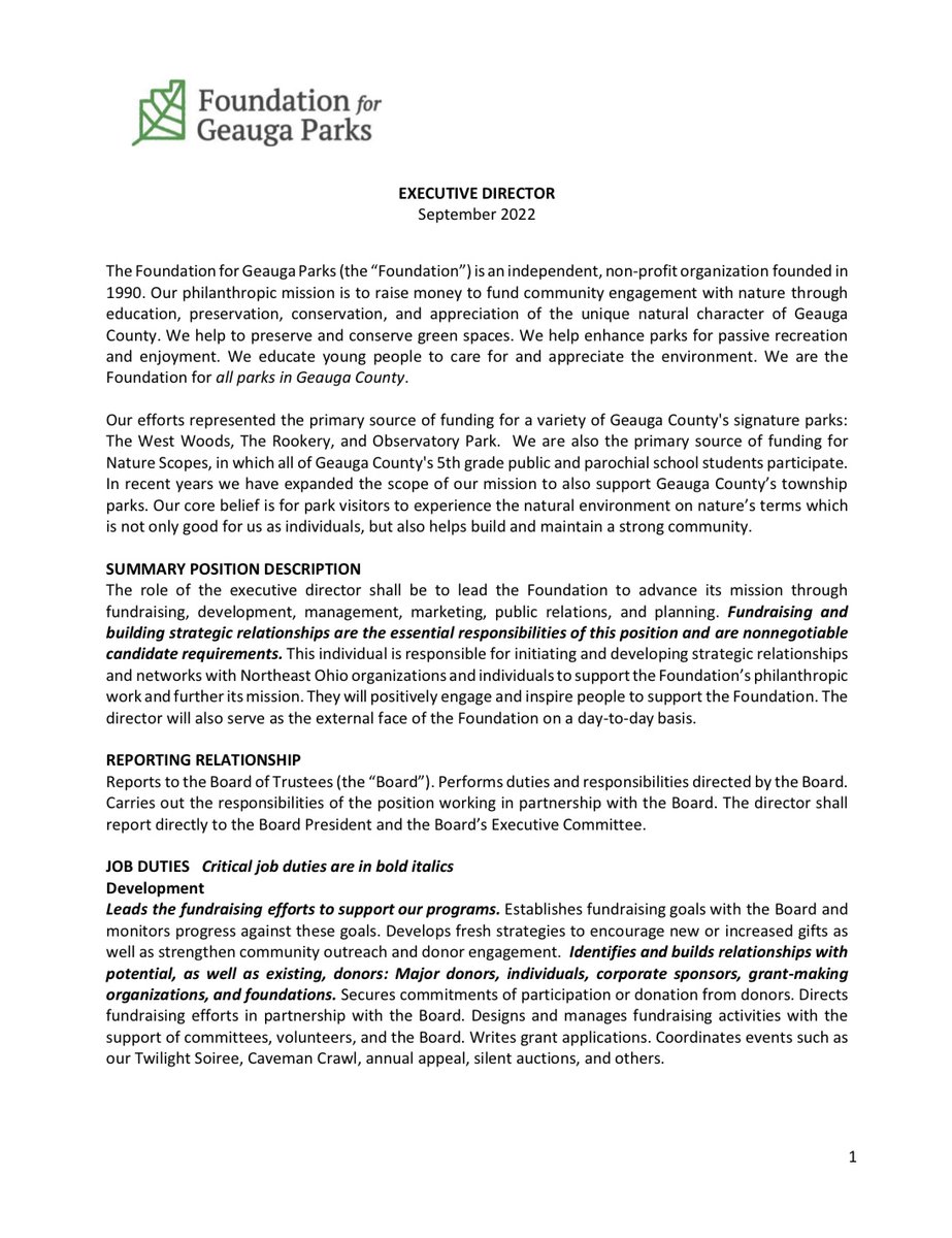 JCUNonprofit's tweet photo. The Foundation for Geauga Parks is seeking an Executive Director! 

For more information please see the images below: https://t.co/uswQ1BFB1X