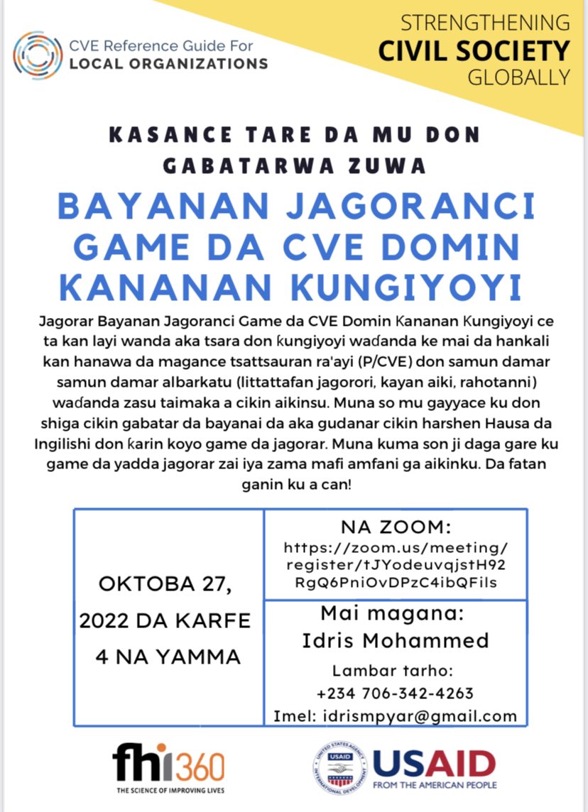 Edrees4P's tweet photo. Kasance tare da mu don Gabatar da Bayanan Jagoranci Game da CVE Domin Ƙananan Ƙungiyoyi a cikin Hausa! / Join us for an Introduction to the CVE Reference Guide for Local Organizations in Hausa!
Kuyi rejista a nan 

https://t.co/TJUwPLaTql
@USAIDNigeria @theGCERF https://t.co/Iv2HGhxHU2
