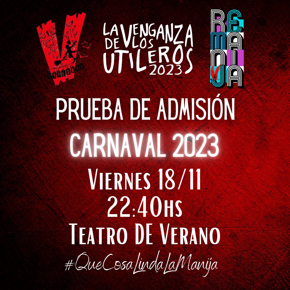 Ya estamos a un mes de ir a nuestra #PDA2023 para poder volver a encontrarnos en un nuevo #Carnaval🎭 

#ReManija y ustedes? 😬

🗓️18 de noviembre 
⏰22:40hs
📍Teatro de Verano 

#LaVenganzaDeLosUtileros #LaVenganza #ReManija  #LVDLU #LosUtileros #Murga #Carnaval #Carnaval2023