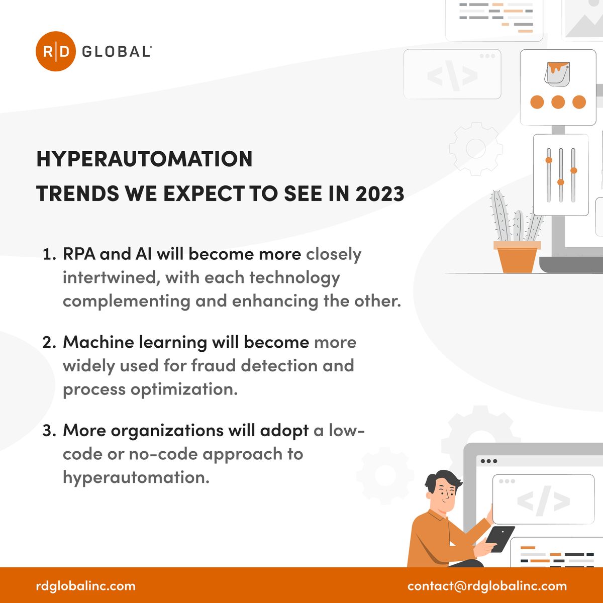 What do you think of our Hyperautomation trend predictions? Regardless of what develops, one thing is for certain—now is the time to leverage Hyperautomation in your business. Contact us to learn how we can help: rdglobalinc.com/contact/
#hyperautomation #businessautomation
