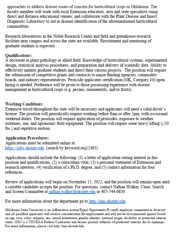 Assistant Professor of Plant Pathology, Horticultural Plant Pathologist at Oklahoma State University! Please RT