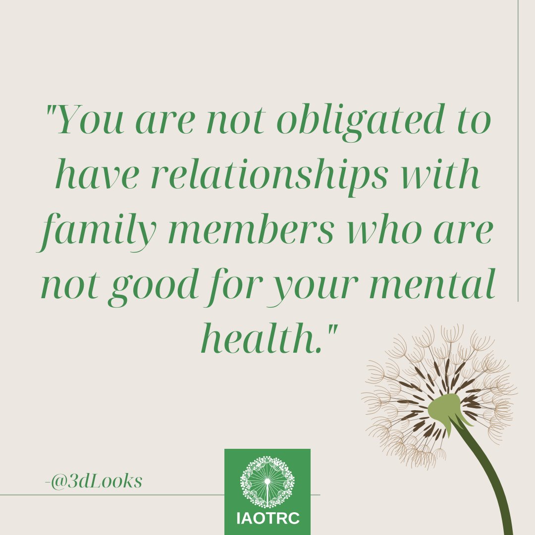 iaotrc's tweet photo. "You are not obligated to have relationships with family members who are not good for your mental health.".
#iaotrc #trauma #traumarecoverycoach #traumarecovery #childhoodtruama #childhoodabuse #abuse #depression #survivior #survival #selflove #support #recovery #healing https://t.co/voPmz99QgG