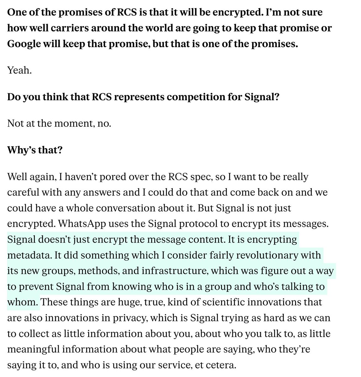 Talked to Signal president <a href="/mer__edith/">Meredith Whittaker</a> about competing with iMessage, RCS, and facing down government pressure to break encryption. Oh, and what it's like to hire a new CEO. A really good episode of Decoder -> theverge.com/23409716/signa…